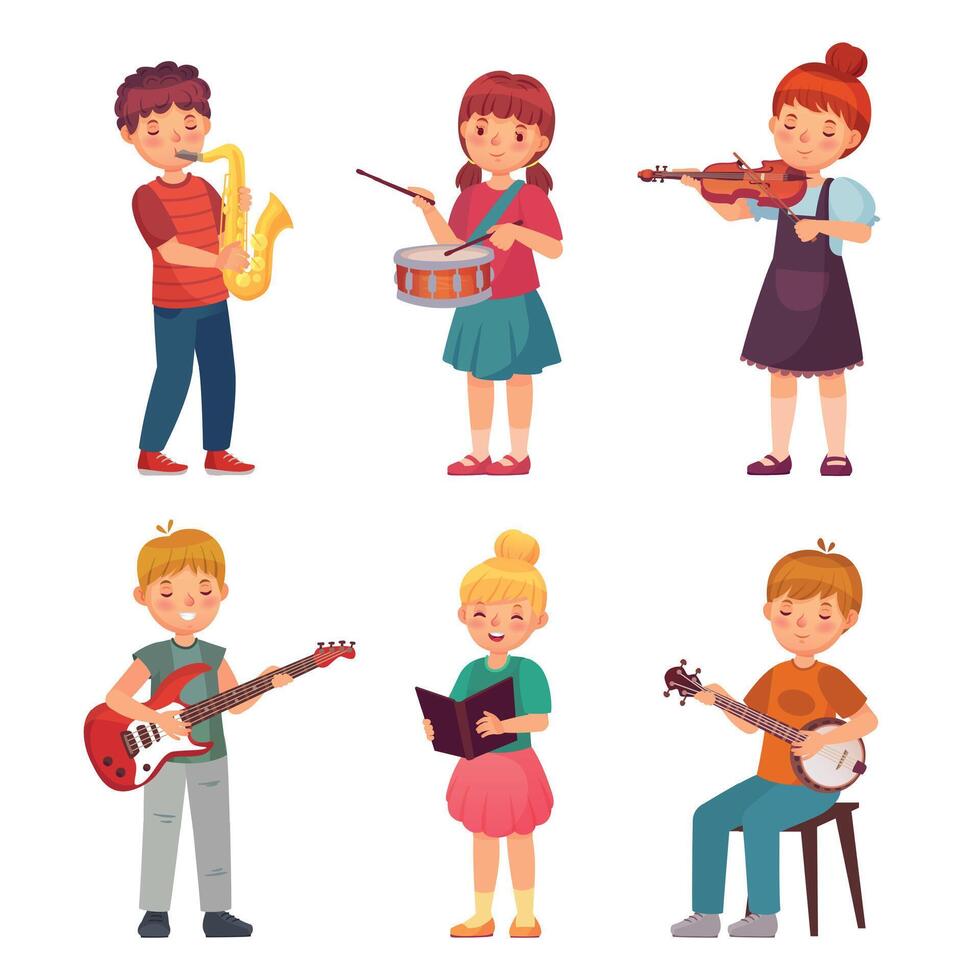 niños orquesta jugar música guitarra y violín vector