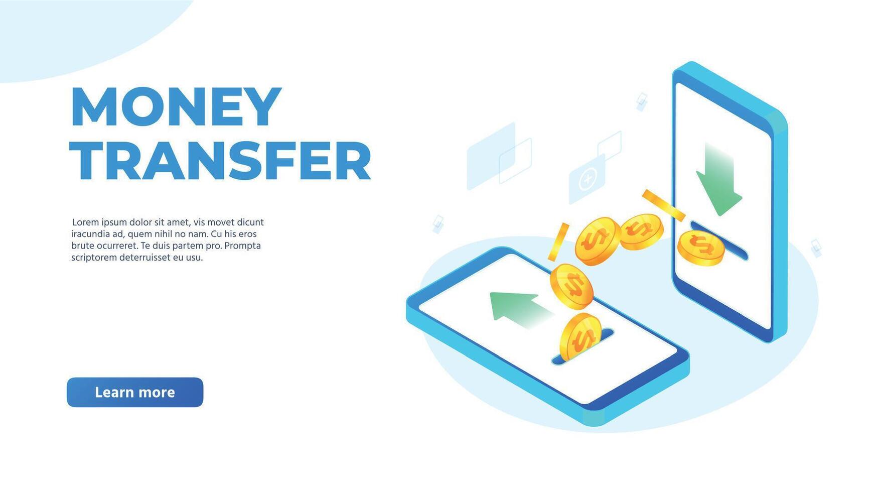 Money transfer on mobile phones. Dollar coins flying from one smartphone to other. Sending and receiving money vector
