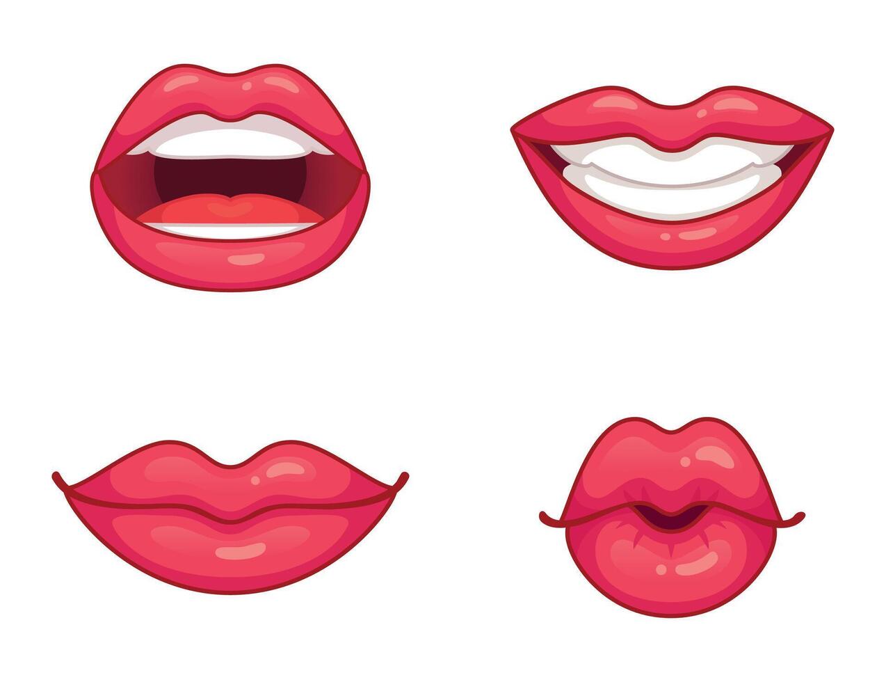 labios recopilación. lustroso rosado lápiz labial con diferente expresiones besando, sonriente con blanco dientes, medio abierto vector