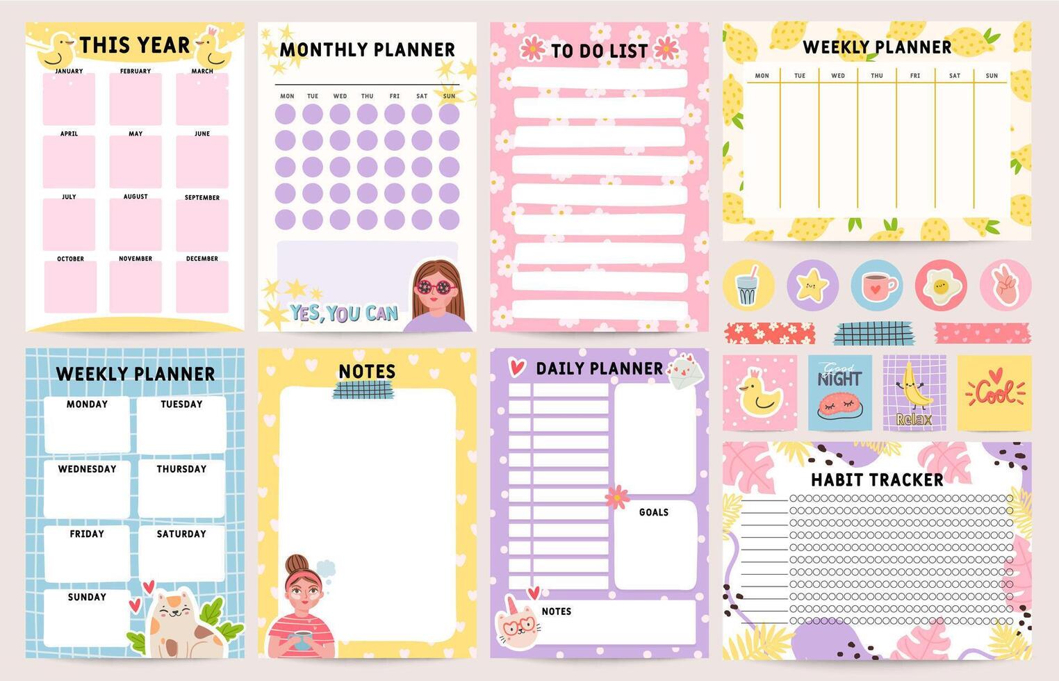 Planner notebook. Decorated daily, monthly and weekly plan template. To do list, schedule and habit tracker. Organizer note pages vector set