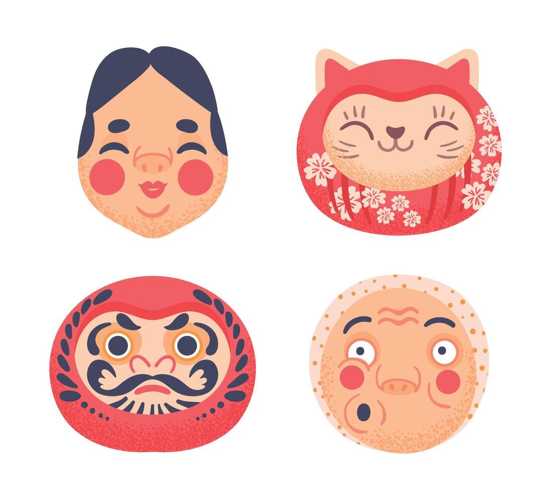 máscara desde Japón. tradicional japonés personaje caras, asiático cultura símbolos aislado en blanco. linda facial expresiones vector