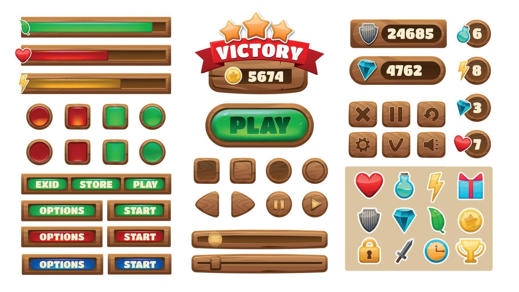 Cartoon game UI. Wooden interface buttons icons panels progress-bars check-box asset, GUI menu and level construction kit. Vector isolated set