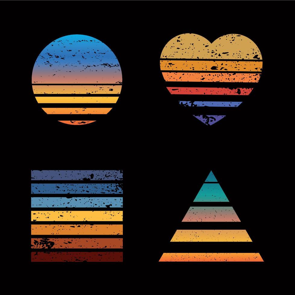 Retro striped sunset prints. Abstract 80s style colorful shapes for logo or print design. Circle, heart, square and triangle vector