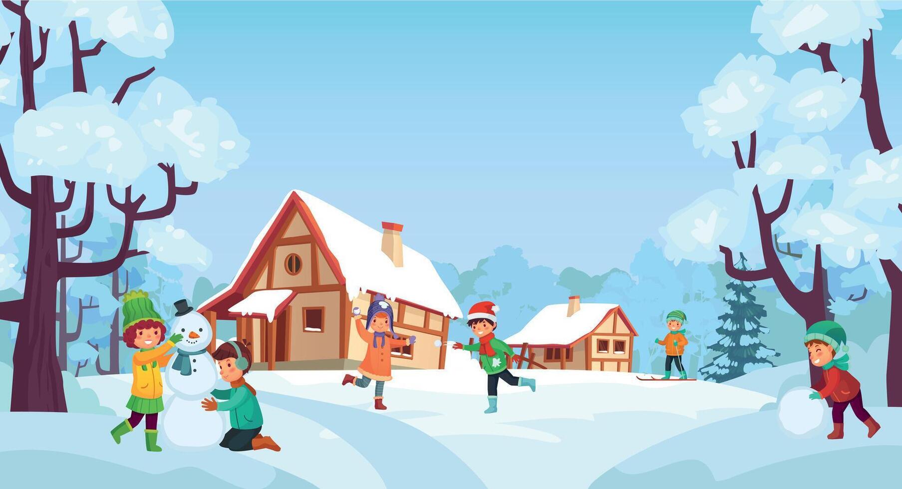 invierno divertido para niños. niños jugando bolas de nieve, haciendo monigote de nieve con bufanda y sombrero. chico esquiar en Nevado colinas vector