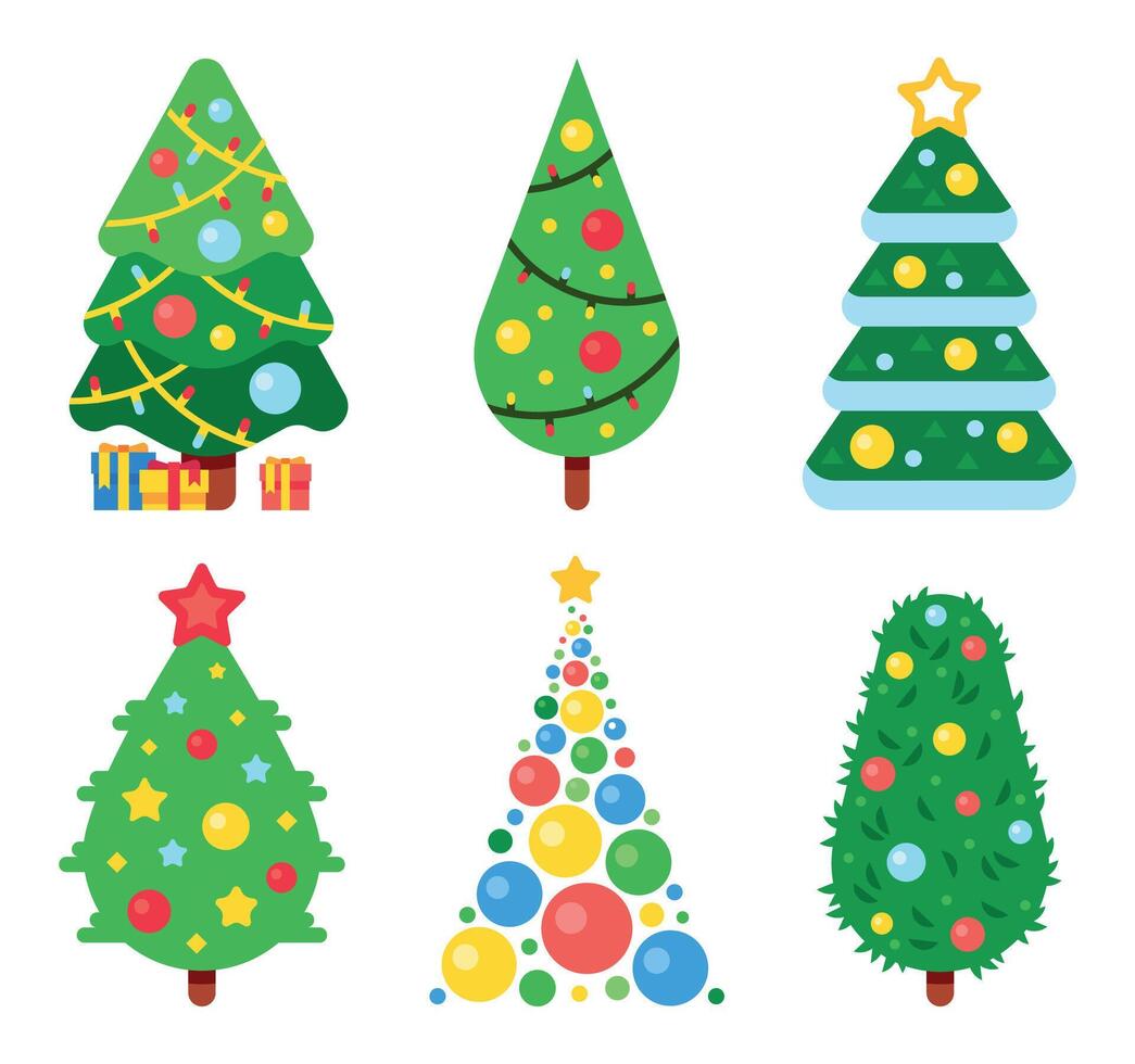 Flat paper christmas tree decorated with colorful balls, garlands and star. Winter holiday celebration symbol of different shapes vector