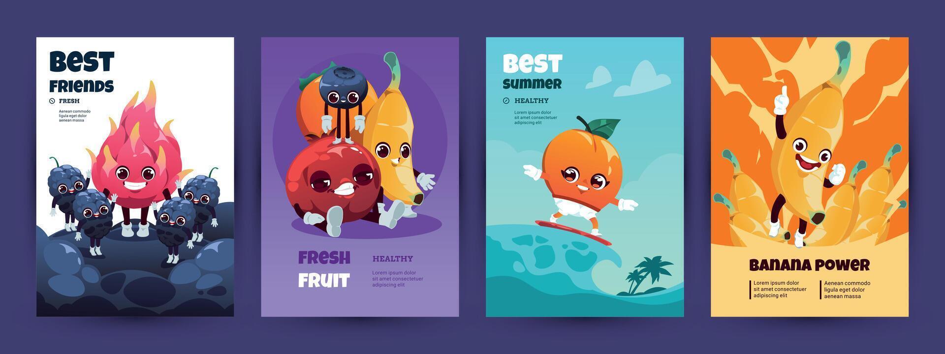 Cartoon fruit posters. Funny packaging cover with funny cheerful exotic fruit characters, organic nutrition advertising. Vector isolated banner set