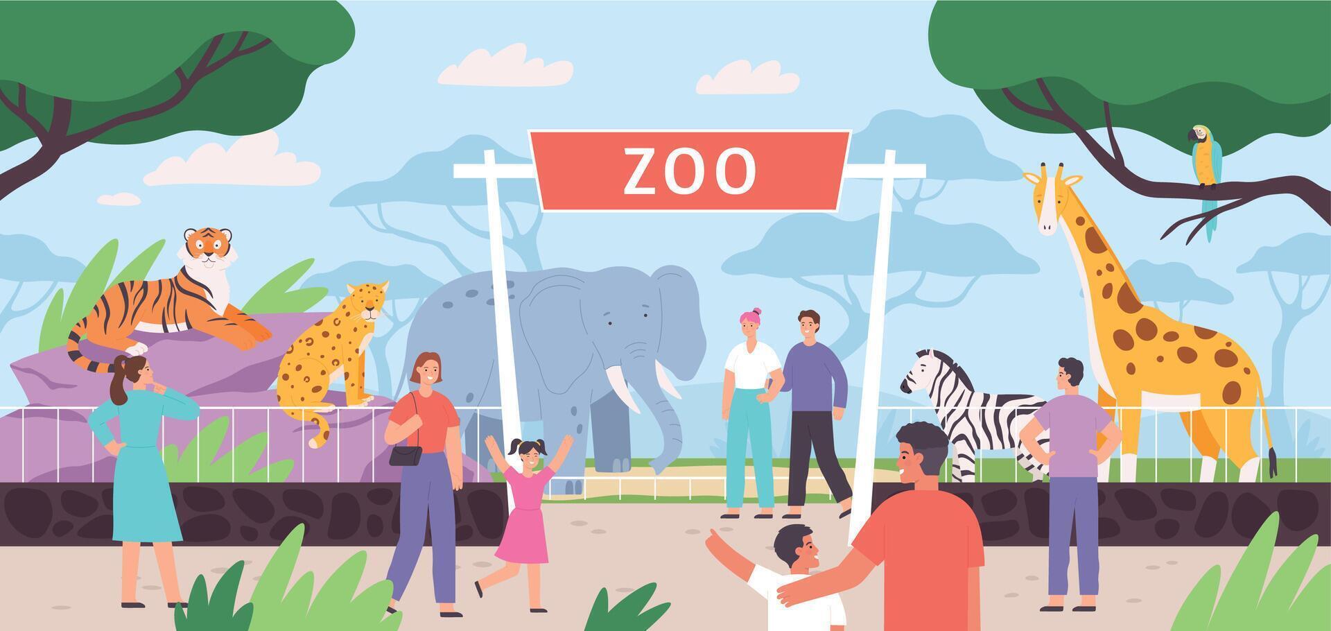 Flat zoo entrance gates with visitor family and kids. Cartoon safari park with people and african savannah animals in cages vector landscape