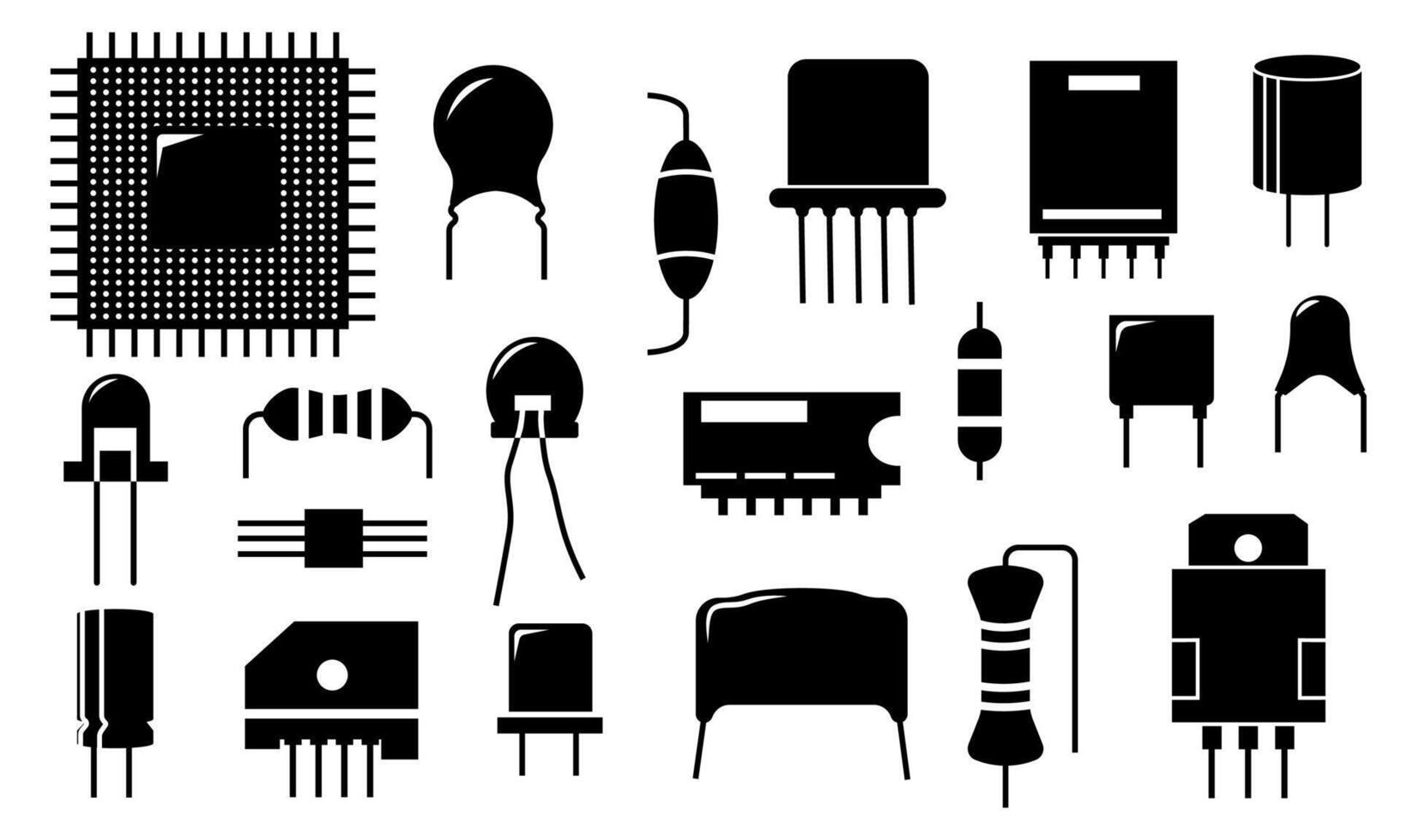 negro electrónico componente iconos eléctrico circuito conductor y semiconductor partes, diodo transistor resistor condensador elementos. vector conjunto