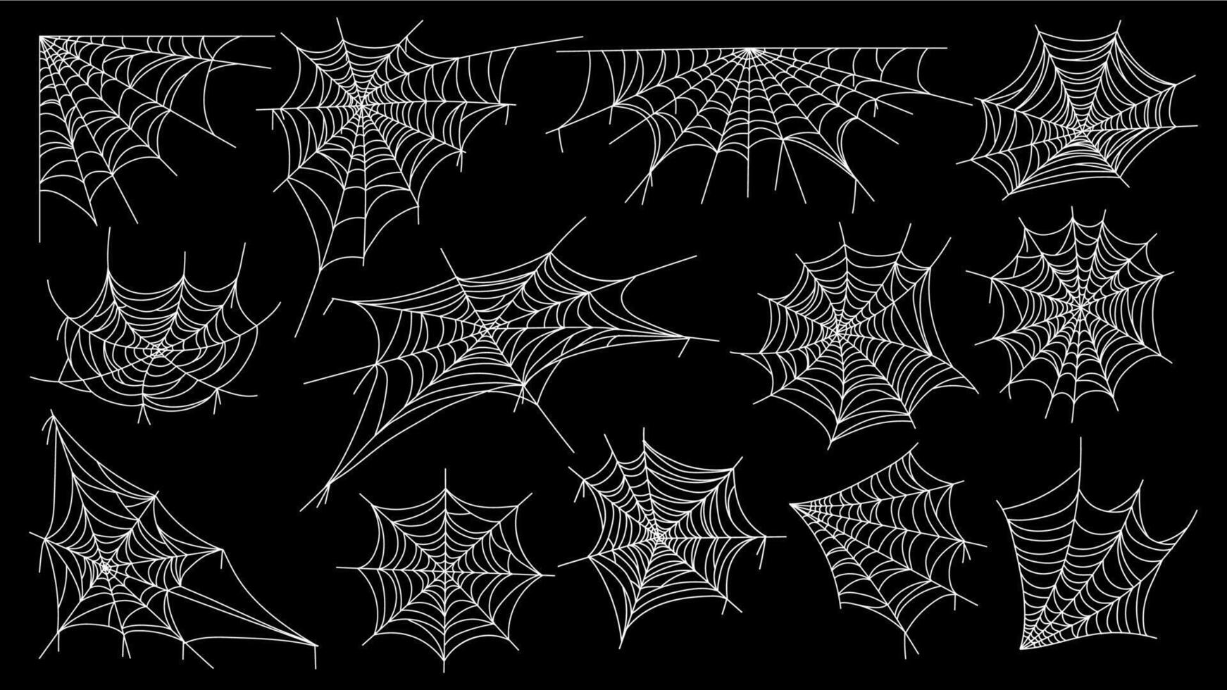 telaraña. Víspera de Todos los Santos araña web horror gótico siluetas para decoración, escalofriante red con enredado colgando insectos vector aislado colección