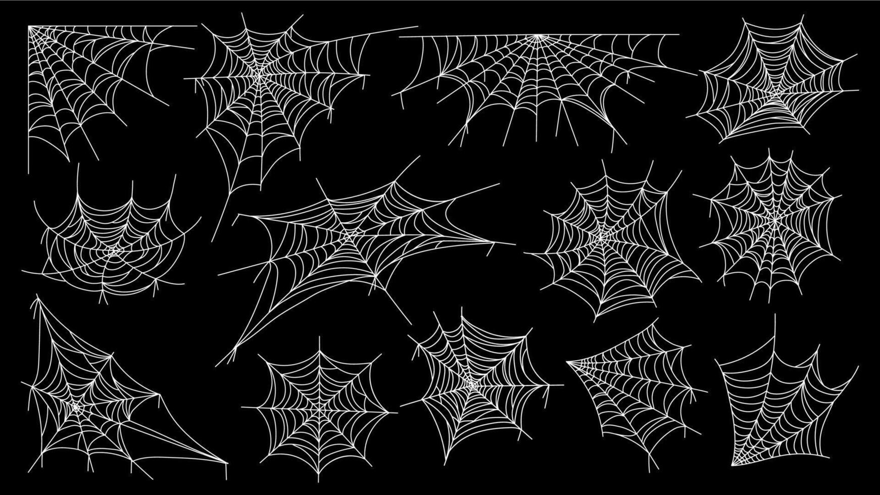 Cobweb. Halloween spider web horror gothic silhouettes for decoration, spooky net with tangled hanging insects. Vector isolated collection