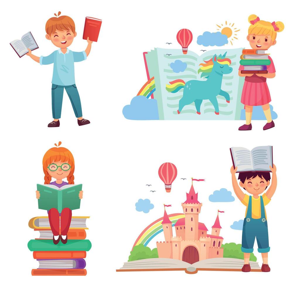 Happy kids read books. Girl sitting on stacks of books dreaming about kingdom, imagining fictional unicorn vector