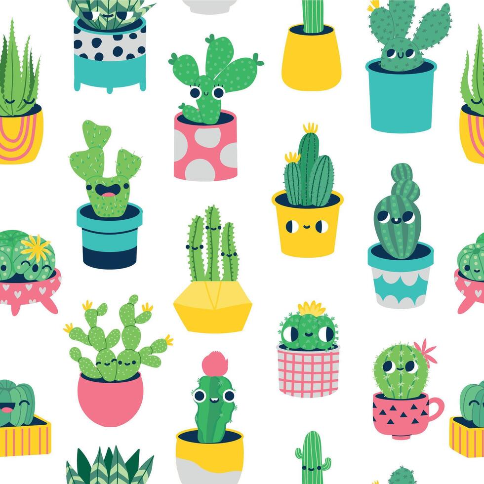 Cactus seamless pattern. Cute potted plants with smiling faces. Botanical characters with cheerful expressions vector
