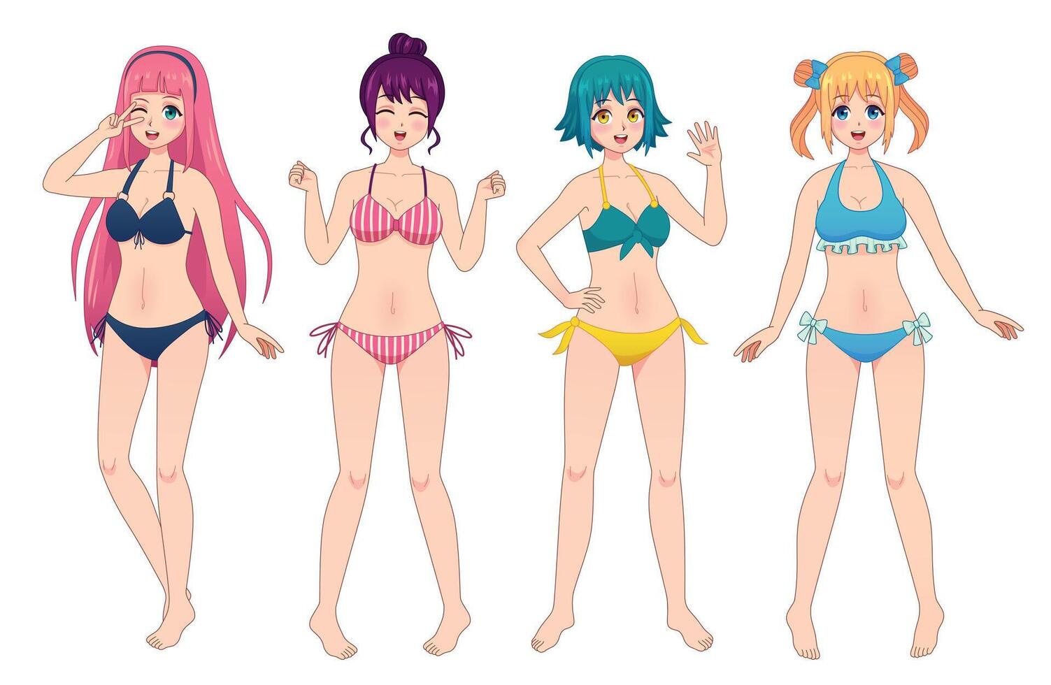 anime manga muchachas en bikini. grupo de kawaii hembra japonés cómic caracteres en trajes de baño playa mujer guiños, ondulación y sonrisas vector conjunto