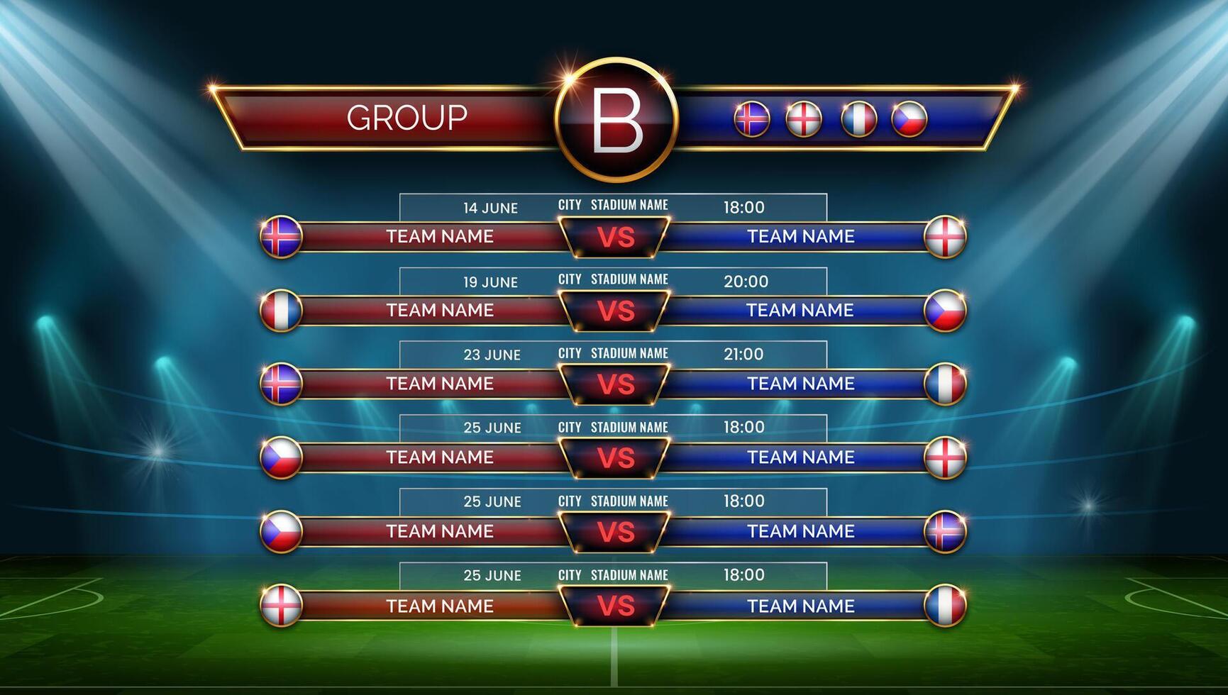 Football world cup schedule. Soccer calendar for matches in group. Table with date, location and country flags on stadium, vector template