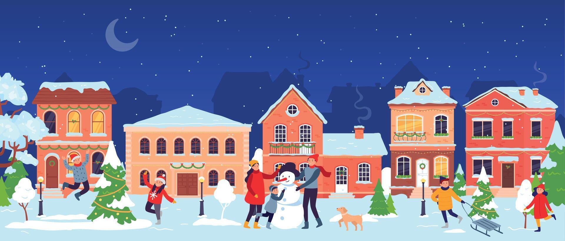 Christmas town. Old city street with people celebrating christmas and new year winter holidays. Cartoon children and family vector