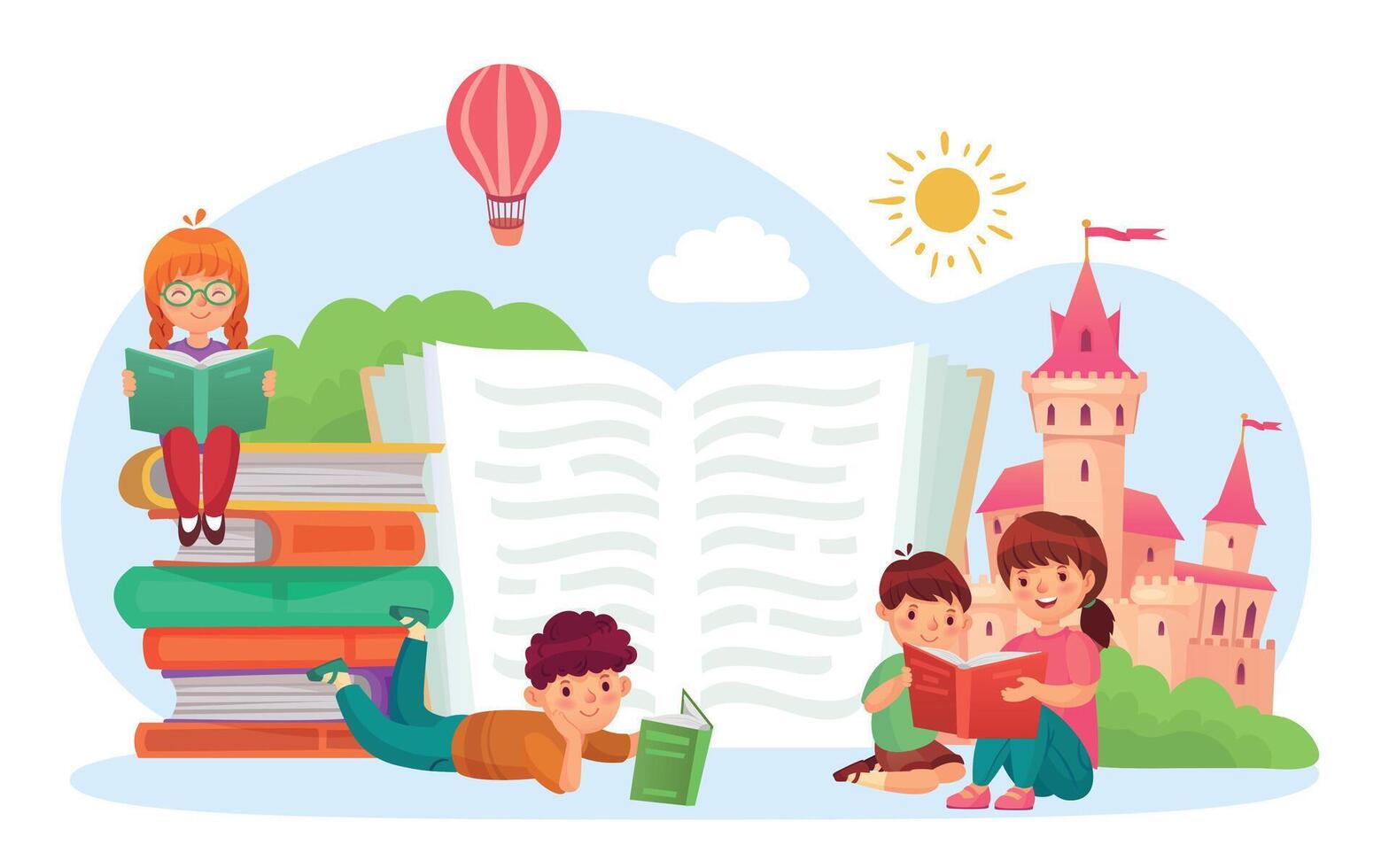 Kids read book. Boys and girls reading children literature. Cute characters imagining medieval castle with flying hot air balloon vector