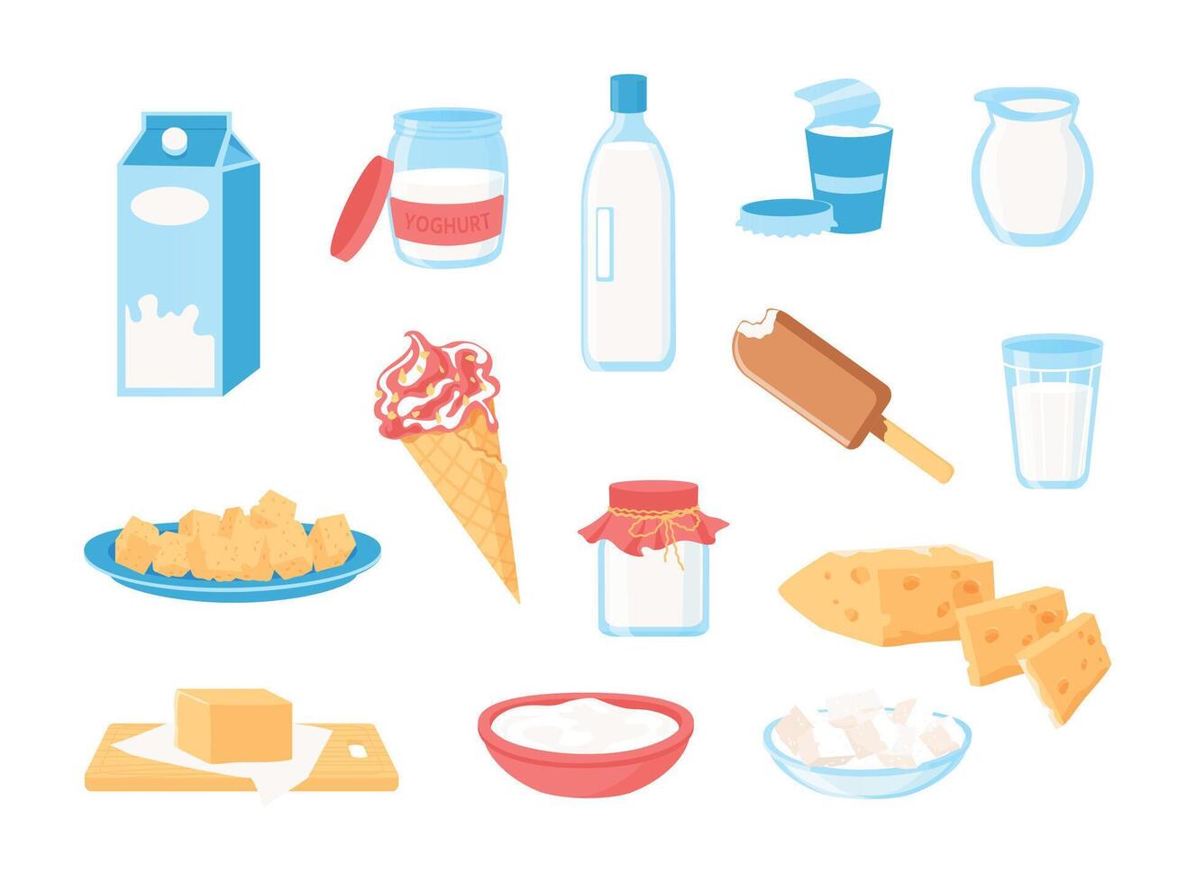 Leche productos dibujos animados lechería granja alimento, orgánico queso cremas hielo crema mantequilla yogur en vaso botella y el plastico embalaje. vector sano comida con calcio aislado conjunto