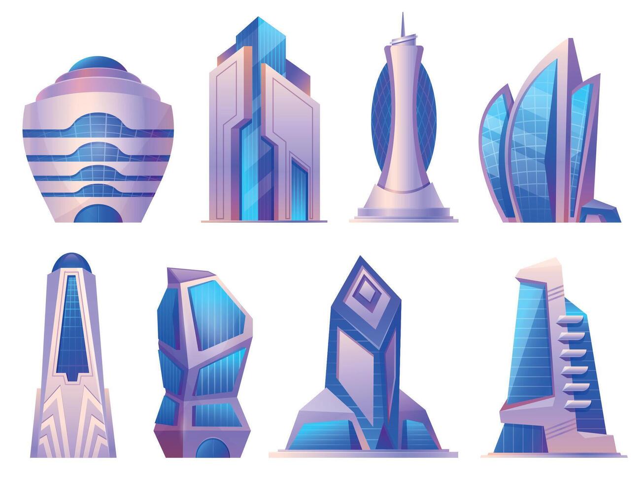 Future urban and alien city buildings, skyscrapers and office towers. Futuristic cyberpunk architecture, megalopolis skyscraper vector set