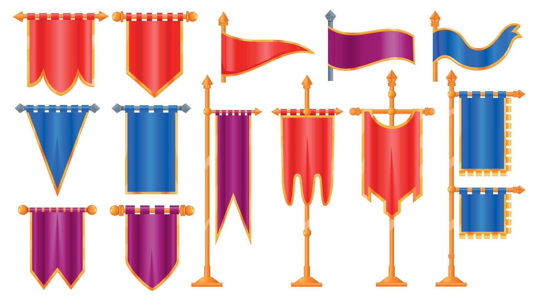 Medieval cartoon flags. Old victorian cloth for UI game design assets, classical flagstaff pennant flagpole icons video gaming concept. Vector isolated set