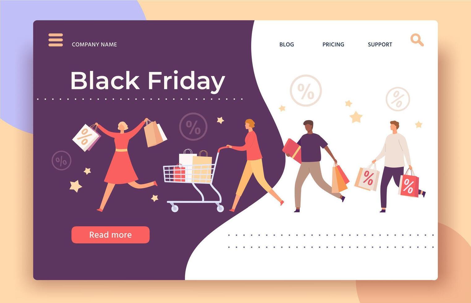 Black friday web page. Shop big sale and discount banner with running people with shopping bags, cart and gift box, landing vector template