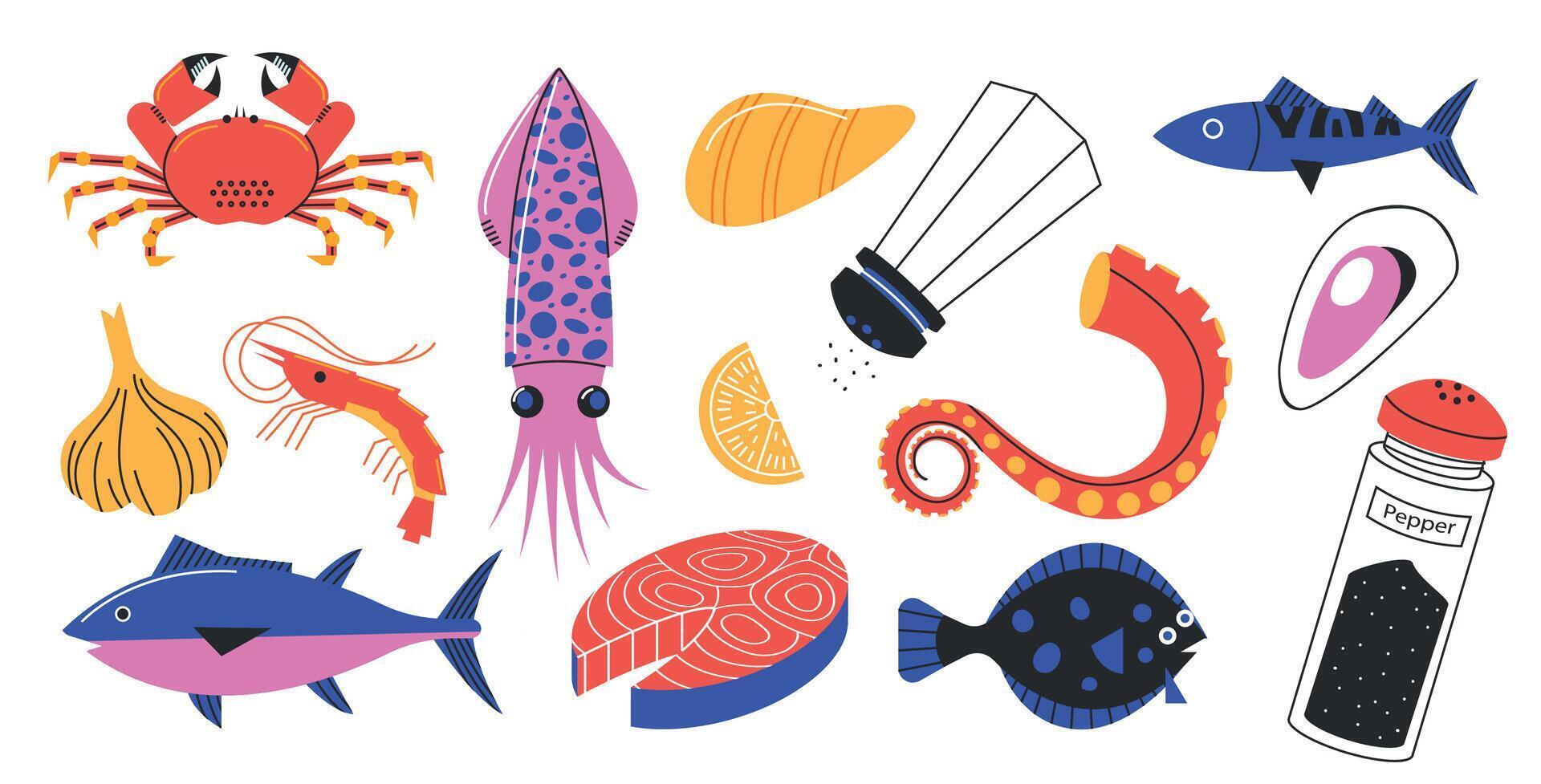 garabatear Mariscos animales dibujos animados ostra cangrejo de río pulpo langosta atún mariscos productos para restaurante menú pescado mercado bandera diseño. vector aislado conjunto