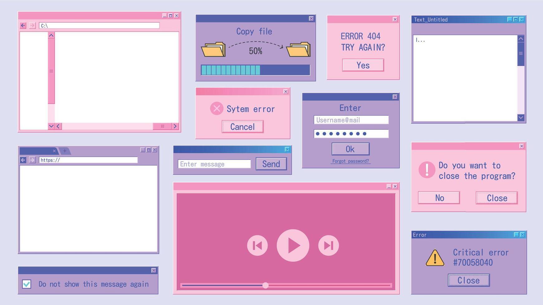 retro computadora ventana. retrowave Internet navegador, marco carpeta, surgir mensaje 90s diseño. vector antiguo software ui conjunto