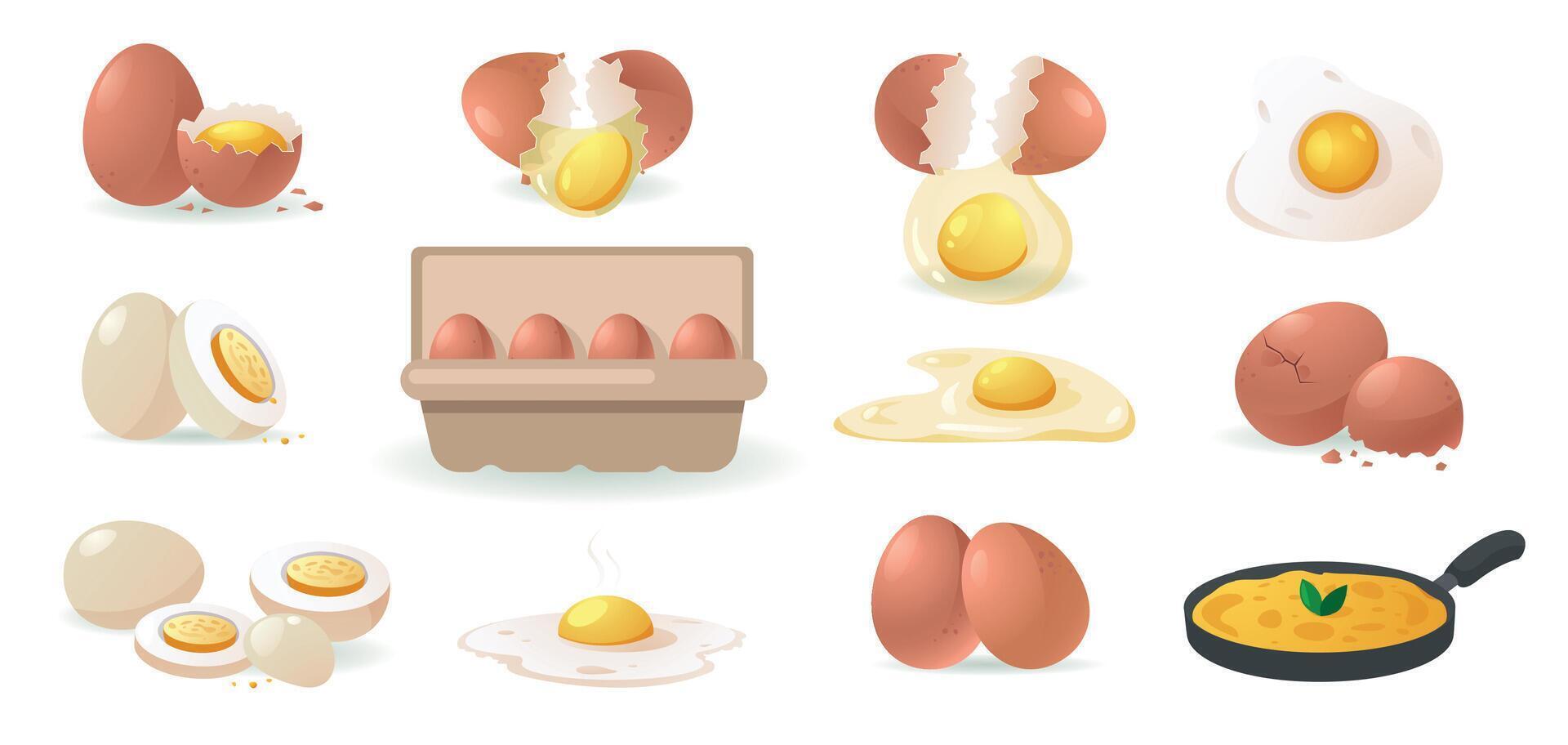 Cartoon eggs set. Broken egg raw yolk eggshell protein, fresh farm cooking natural ingredients in container, healthy organic food concept. Vector isolated set