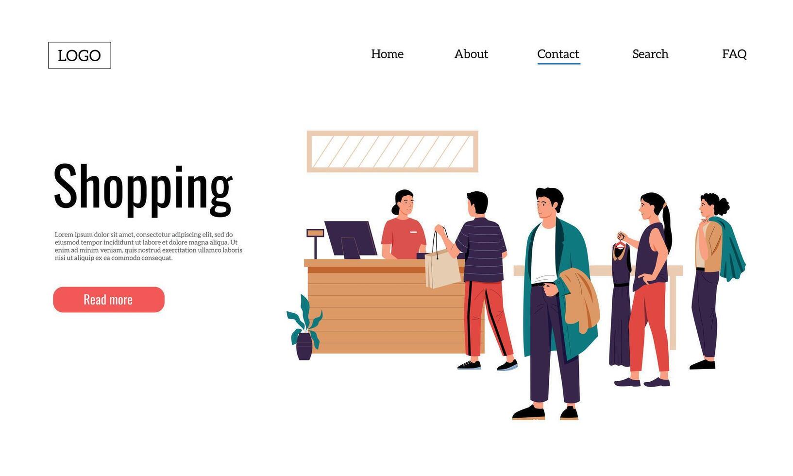 Clothing shop landing. Fashion boutique queue web site template with cashier checkout standing and customers line. Vector web page