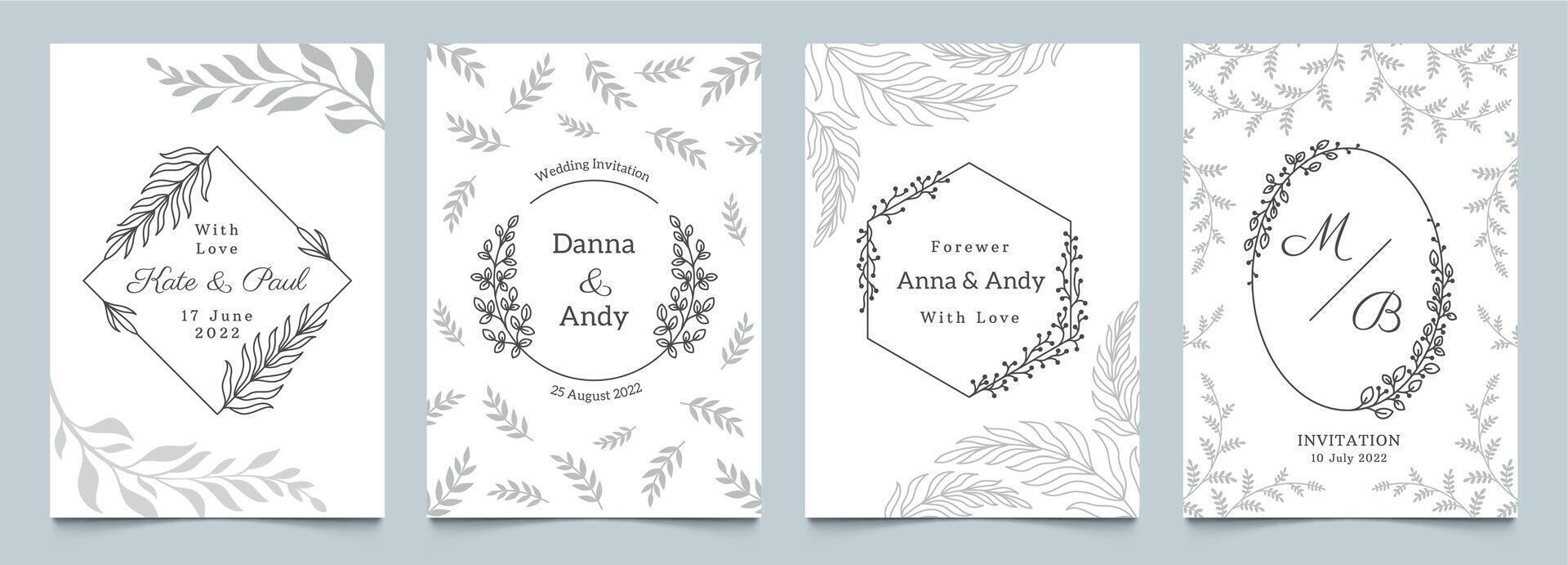 Wedding minimalistic card. Invitation template with floral frames and foliage ornamental decorative elements. Vector set of simple cards with flower borders