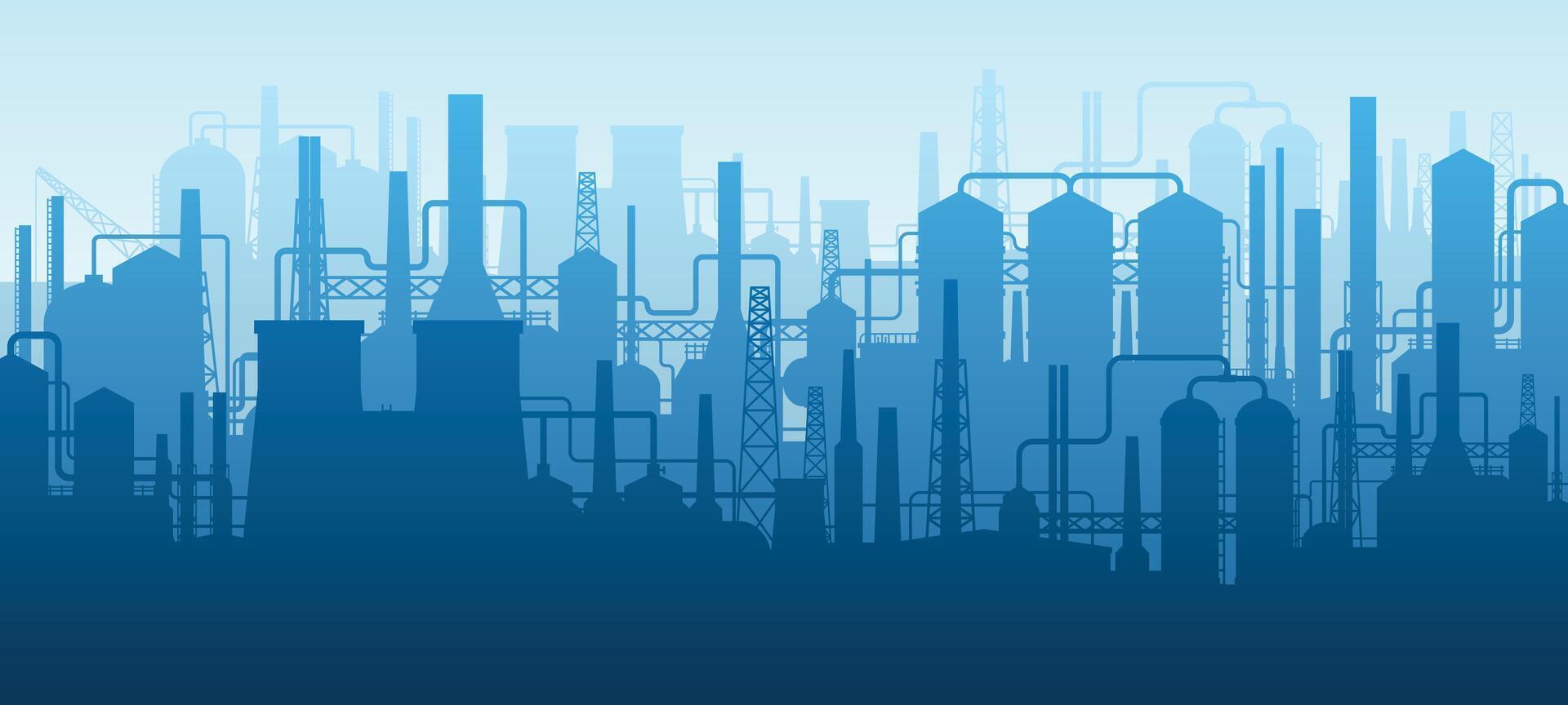 Panoramic industrial silhouette. Oil industry factory buildings, refinery complex with pipes and tanks landscape background. Vector illustration