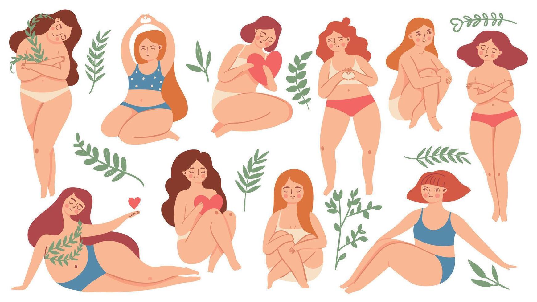 Body positive. Happy plus size beautiful women in swimsuit and underwear holding hearts and hugs knees. Female self care and love vector set