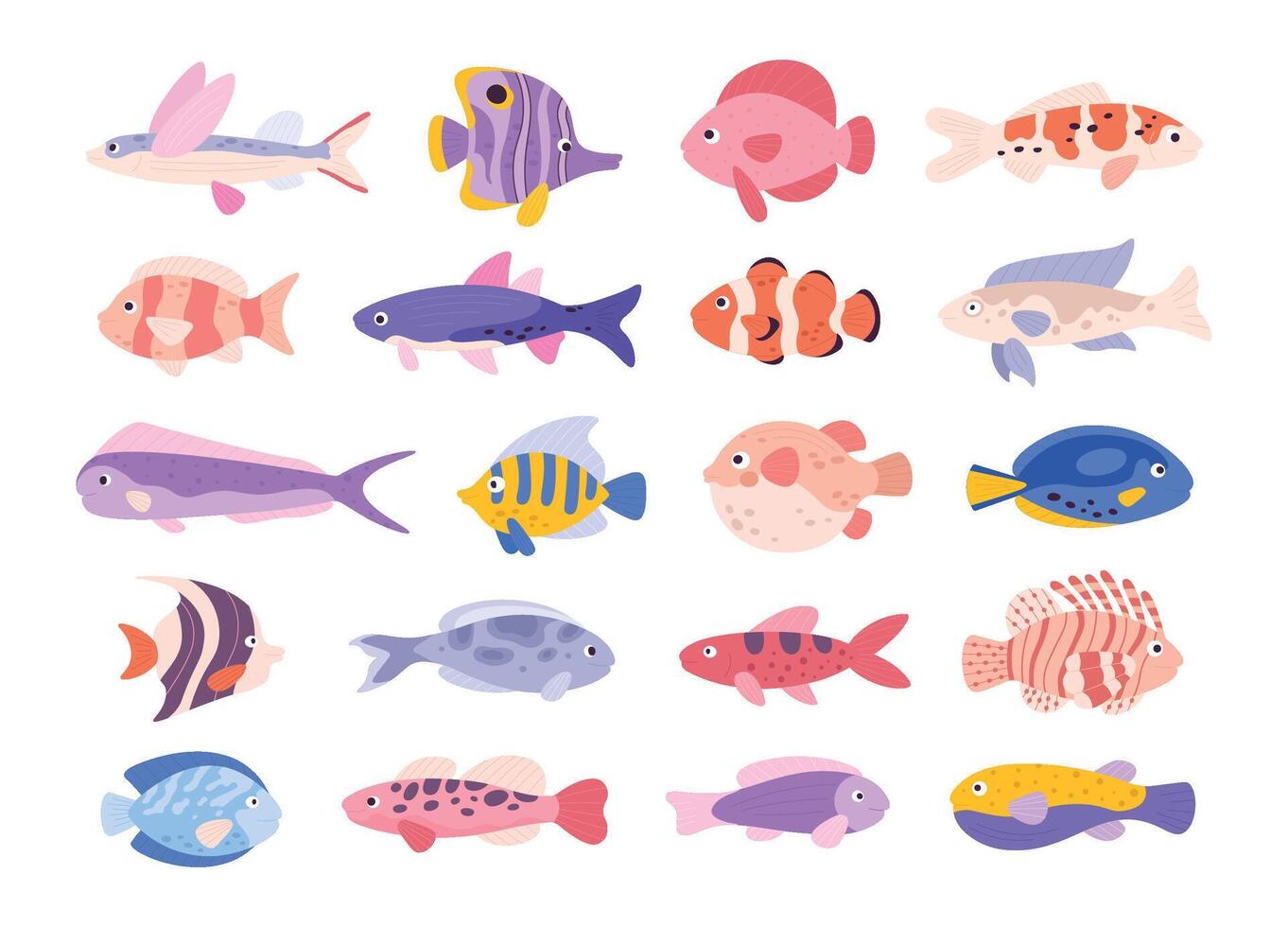 decorativo dibujos animados tropical mar coral peces para acuario. payaso, león, ángel, guppy y volador pez. Oceano submarino exótico mascota vector conjunto