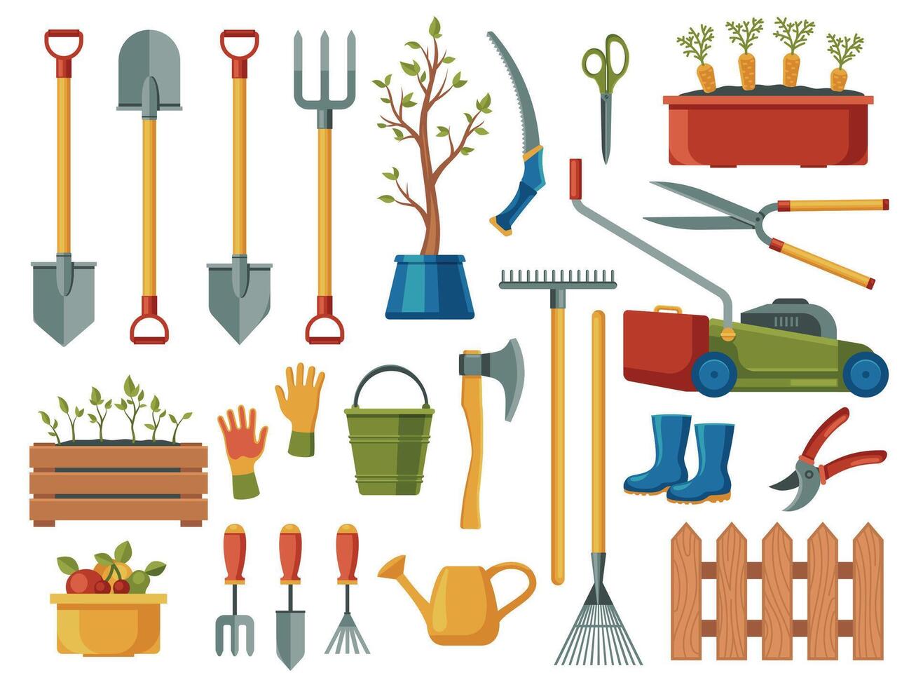 Gardening equipment. Abstract cartoon garden tools with pitchfork spade watering can trowel gloves shovel rake, agriculture farming symbols. Vector set