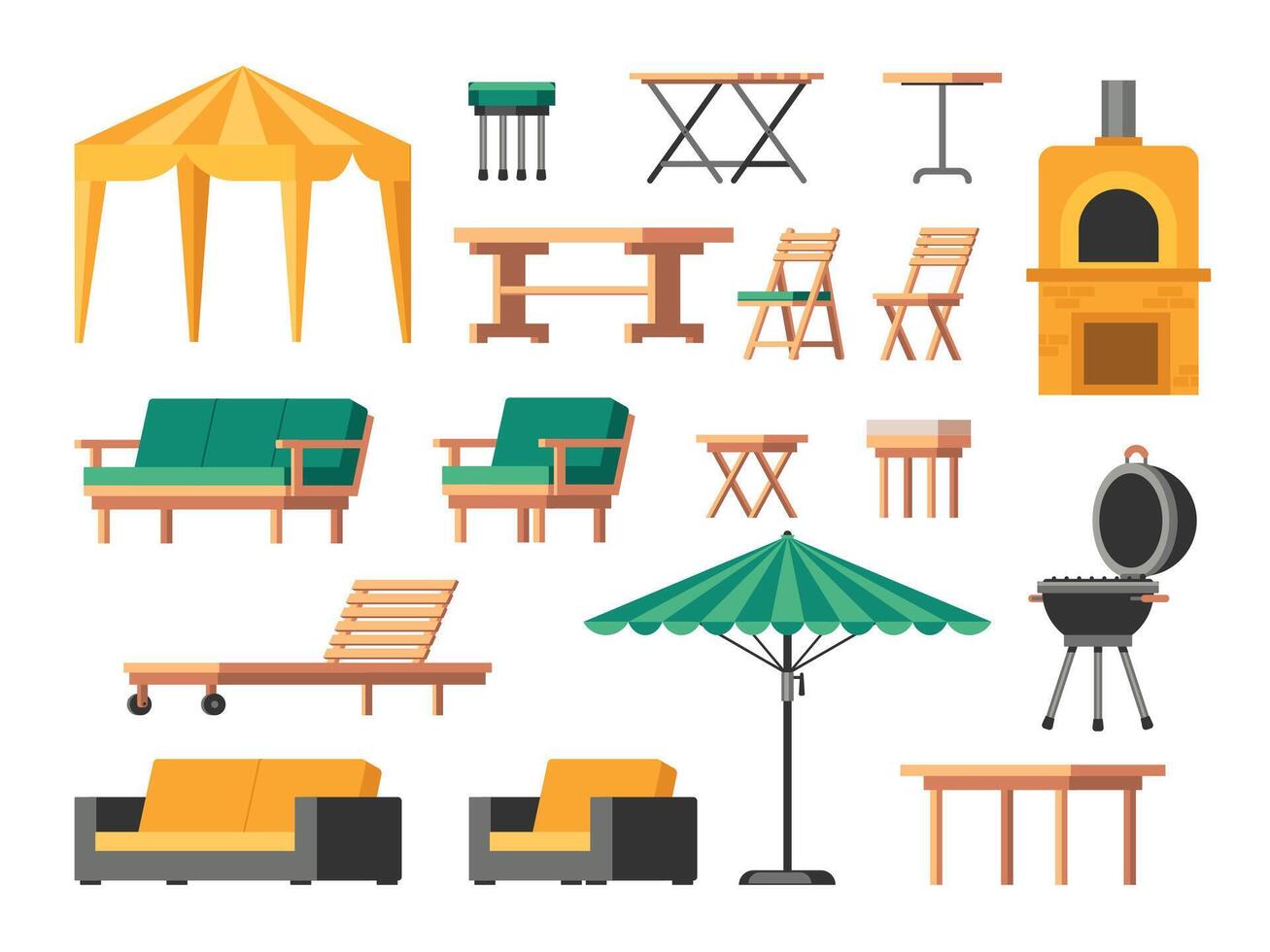 Garden furniture. Cartoon wooden patio chair table and sofa, lounge outdoor terrace icons, backyard umbrella and barbecue grill. Vector isolated set