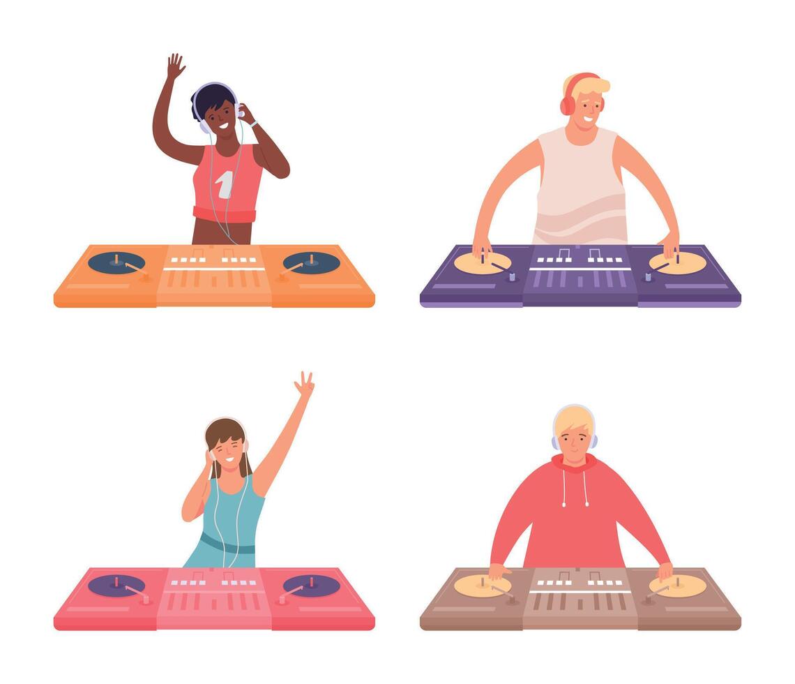 Dj characters at console. Woman and man musicians in headphones playing music at party. Female and male characters vector
