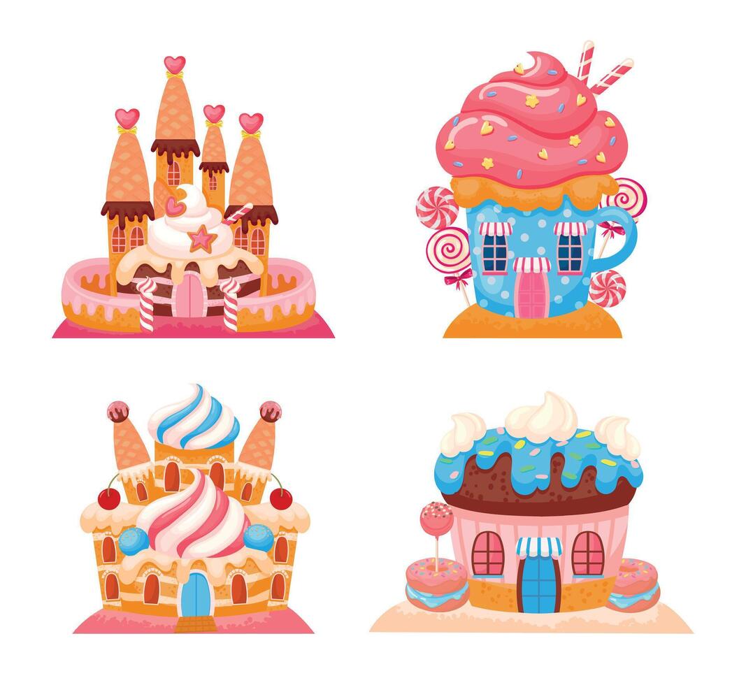 Candyland chocolate biscuit houses, sweet castles set vector