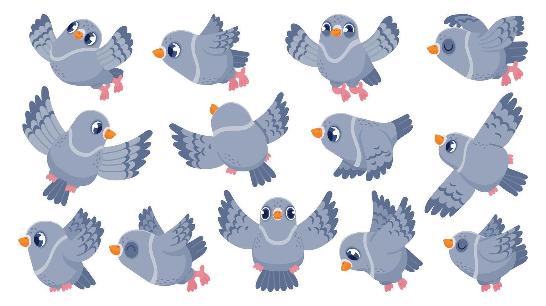 Flying pigeon. Cartoon bird character in flight, cute mascot with funny face, colorful flat dove animal clip art. Vector pigeon collection isolated on white