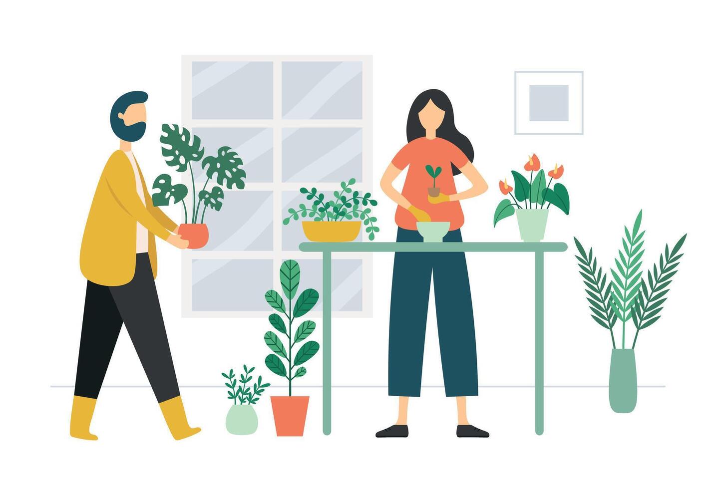 People gardening. Woman in gloves replanting sprout into new flowerpot. Man carrying plant. Characters taking care of houseplant vector