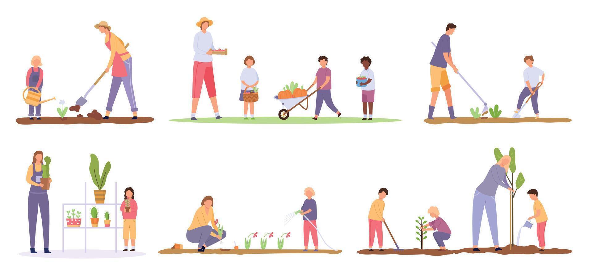 Cartoon adults and children planting trees and working at farm. Family grow plant and flower in garden. People harvest vegetables vector set