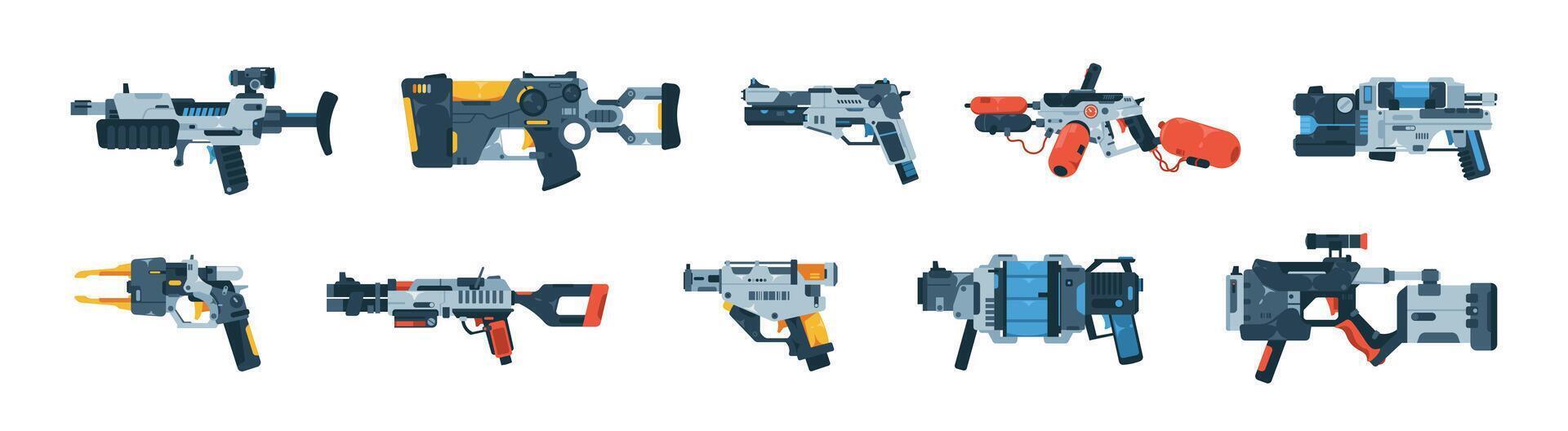 dibujos animados futurista juego pistola. cómic retro extraterrestre espacio blasters láser armas pistola artilugio, resumen OVNI ficción pistola para niños. vector colección