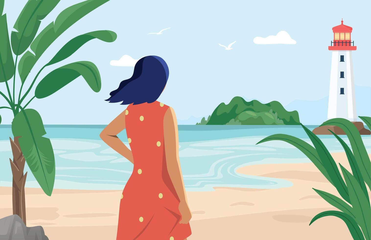 Person enjoying nature concept. Woman looking at lighthouse and thinking. Beautiful summer landscape vector