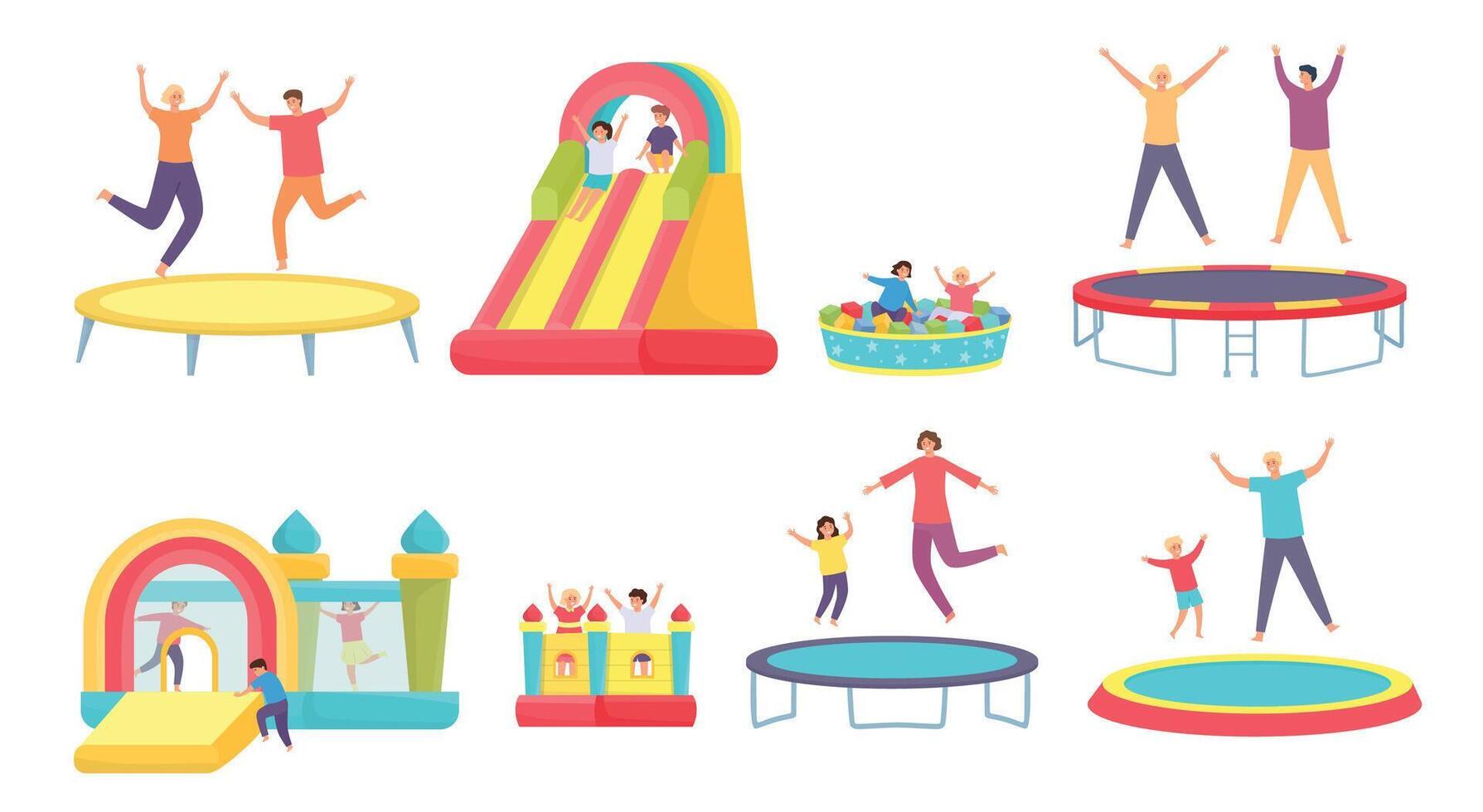 People jump on trampoline. Happy adults, kids and family bounce on trampolines, inflatable house and slide. Active entertainment vector set