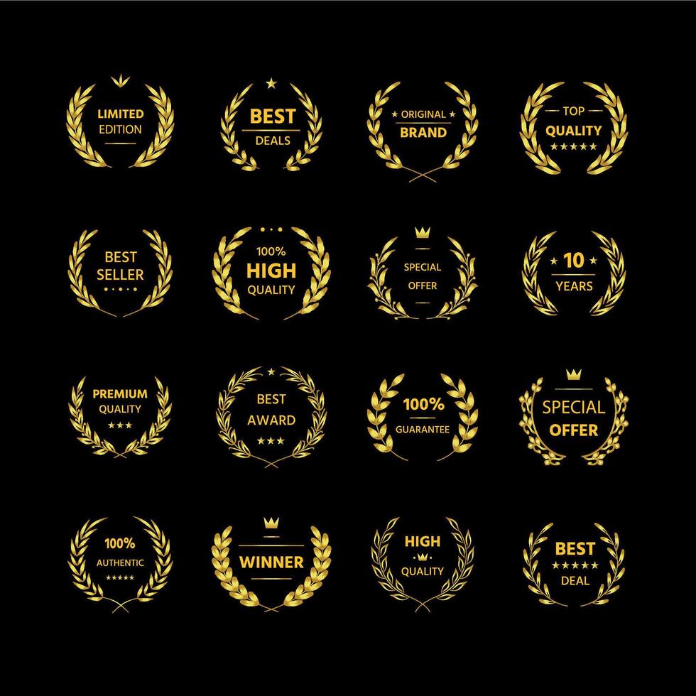 Award laurel wreath. Movie winner, premium quality and certification guaranteed golden emblem with olive branch heraldic element. Vector victory symbol set