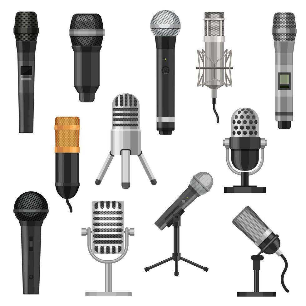 dibujos animados estudio micrófonos transmisión, voz y música audio grabación equipo. karaoke mic y Clásico radio micrófono plano vector conjunto