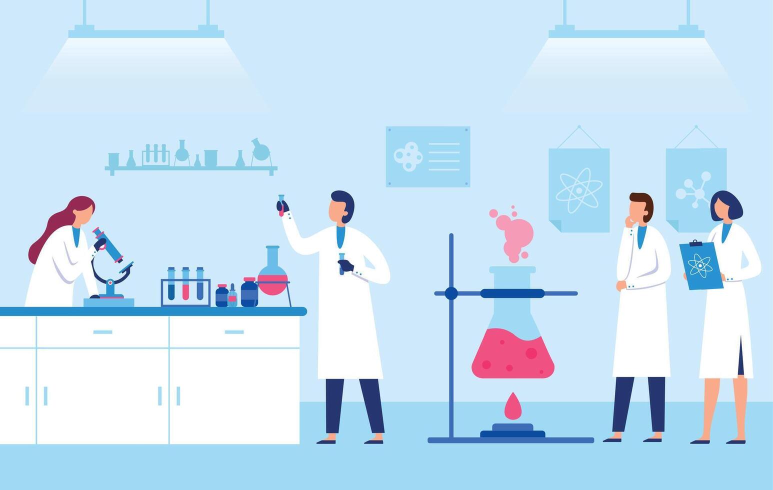 Scientists team work in laboratory with equipments vector