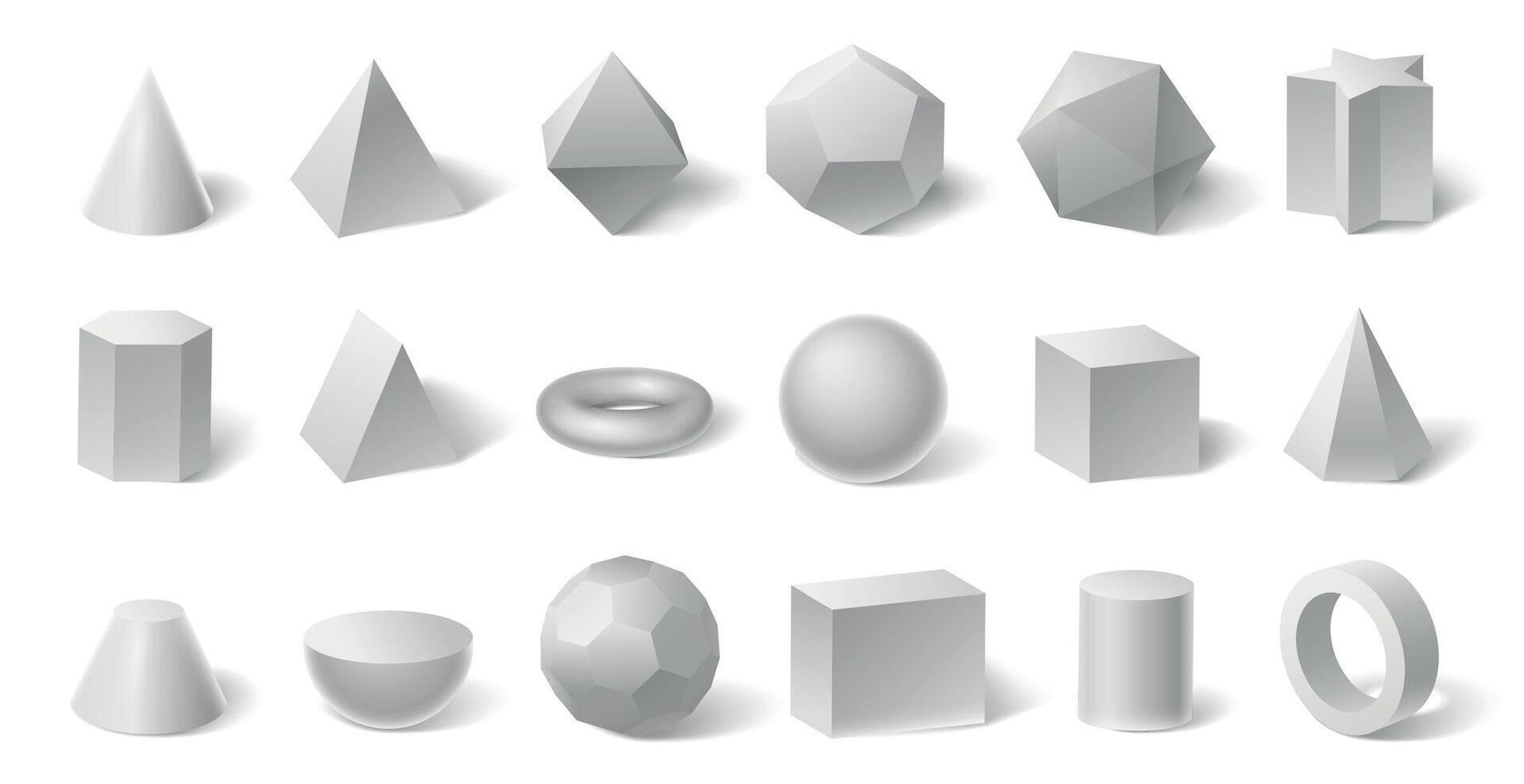 White geometric 3d shapes. Geometry form for education. Hexagonal and triangular prism, cylinder and cone vector