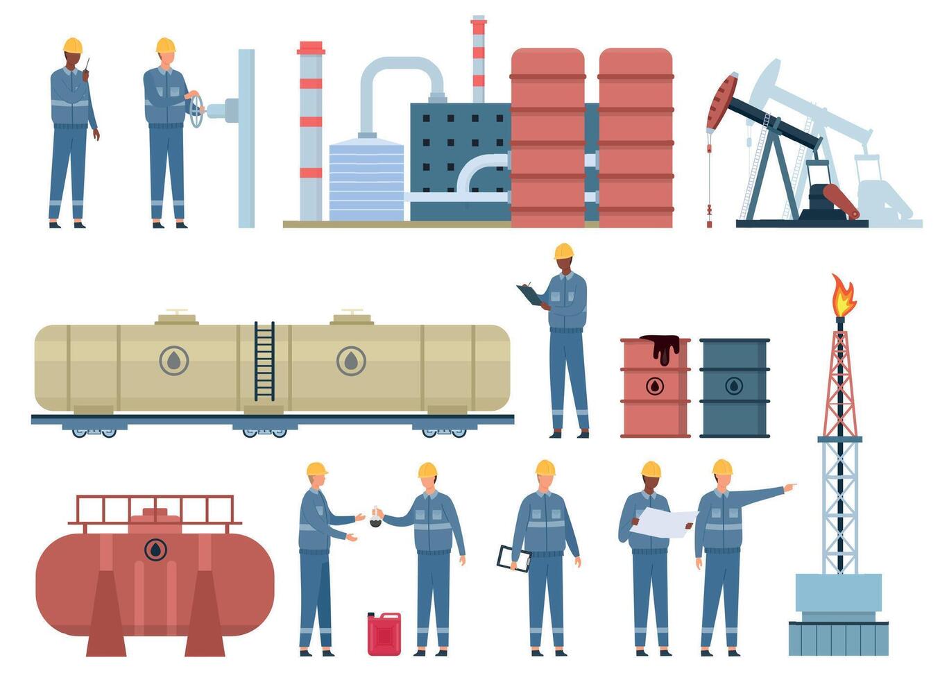 Flat oil engineer workers and gas industry buildings. Petroleum rig, refinery, fuel tanks and barrels. Oil pipeline inspection vector set