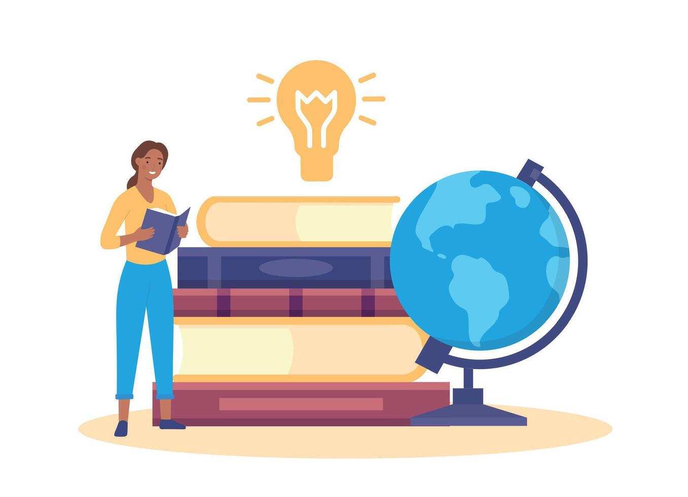 Education concept. Woman reading book. Female character standing near stack of textbooks and globe, studying vector