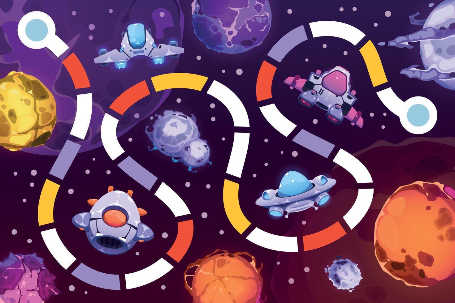 Space board game. Child fantasy universe riddle labyrinth puzzle, tabletop boardgame with spaceship meteor crater kid entertainment. Vector illustration