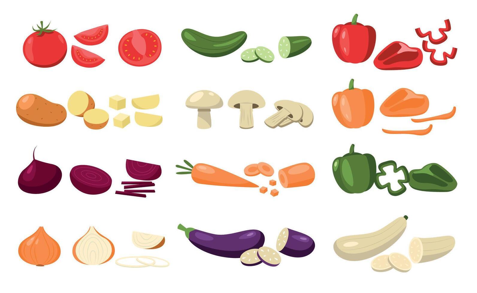Sliced vegetables. Cartoon whole chopped green organic food, natural ingredients carrot cucumber onion tomato pepper flat style. Vector isolated set